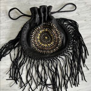 Vintage Cleobella Black and Gold Beaded Fringe Drawstring Leather Wristlet